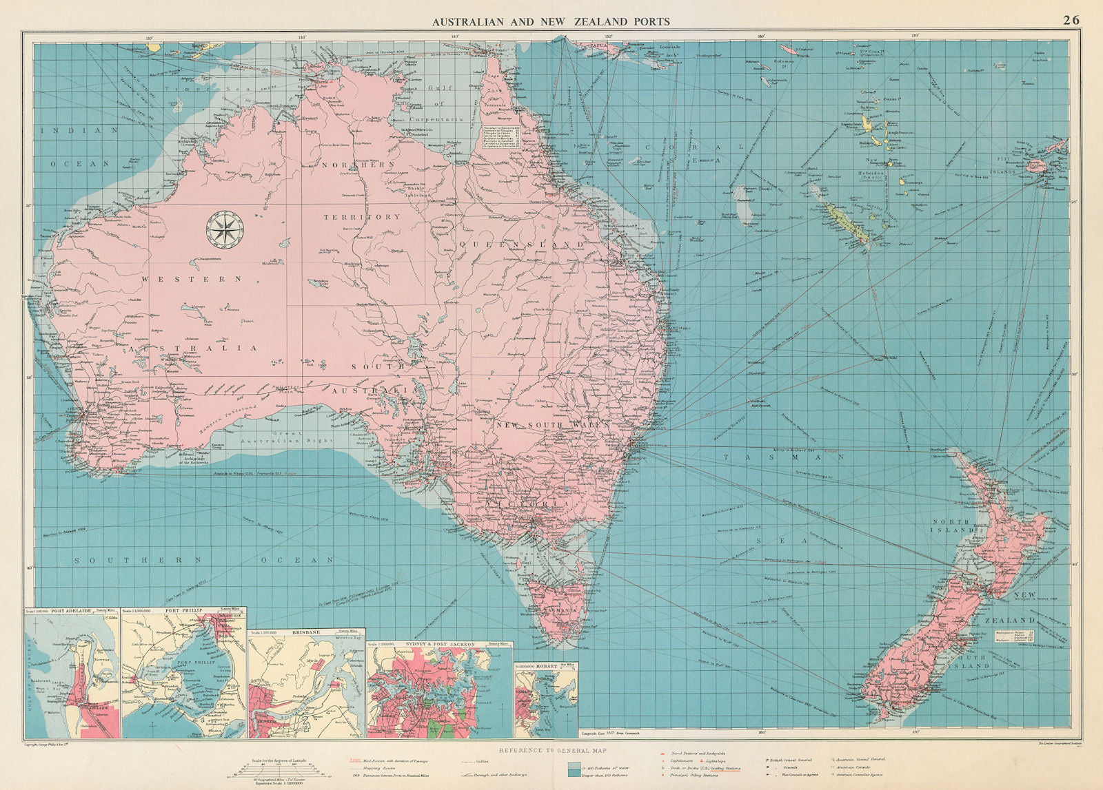 Australian & New Zealand ports chart lighthouses mail route LARGE 1959 old map